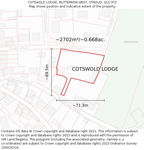 COTSWOLD LODGE, BUTTERROW WEST, STROUD, GL5 3TZ: Plot and title map