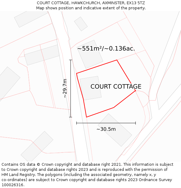 COURT COTTAGE, HAWKCHURCH, AXMINSTER, EX13 5TZ: Plot and title map