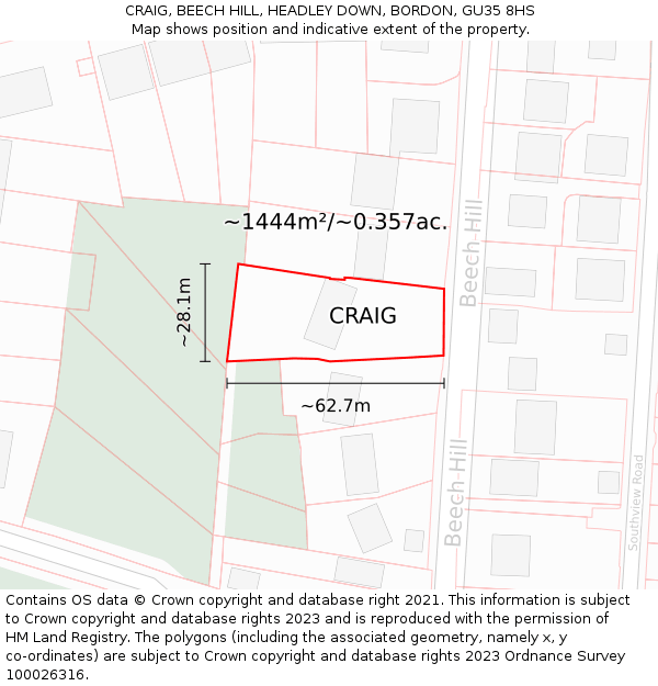 CRAIG, BEECH HILL, HEADLEY DOWN, BORDON, GU35 8HS: Plot and title map