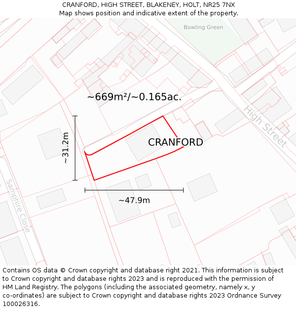 CRANFORD, HIGH STREET, BLAKENEY, HOLT, NR25 7NX: Plot and title map