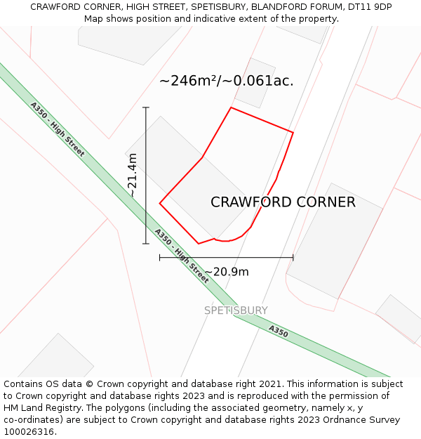 CRAWFORD CORNER, HIGH STREET, SPETISBURY, BLANDFORD FORUM, DT11 9DP: Plot and title map