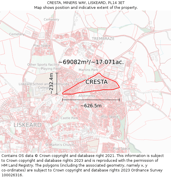 CRESTA, MINERS WAY, LISKEARD, PL14 3ET: Plot and title map