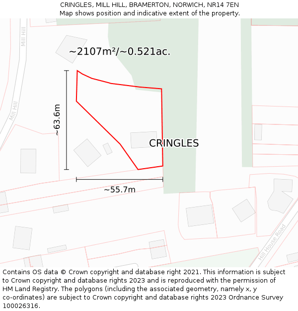 CRINGLES, MILL HILL, BRAMERTON, NORWICH, NR14 7EN: Plot and title map