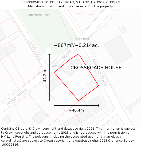 CROSSROADS HOUSE, RAKE ROAD, MILLAND, LIPHOOK, GU30 7JS: Plot and title map