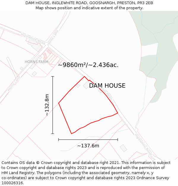 DAM HOUSE, INGLEWHITE ROAD, GOOSNARGH, PRESTON, PR3 2EB: Plot and title map