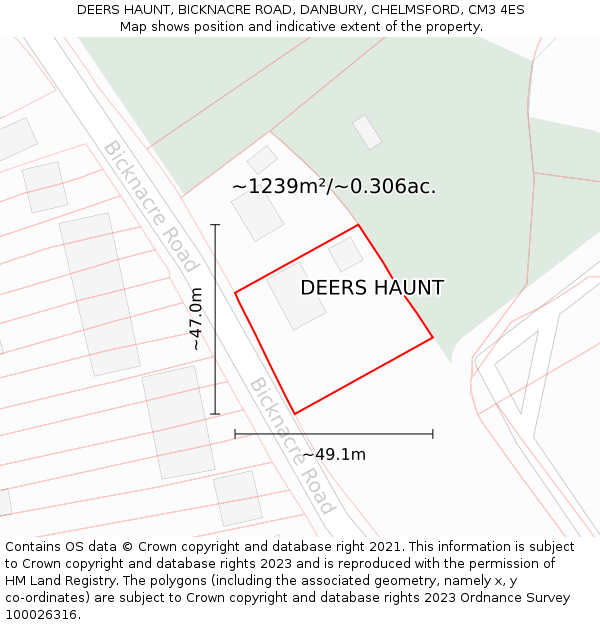 DEERS HAUNT, BICKNACRE ROAD, DANBURY, CHELMSFORD, CM3 4ES: Plot and title map