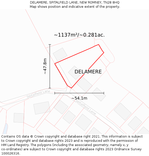 DELAMERE, SPITALFIELD LANE, NEW ROMNEY, TN28 8HQ: Plot and title map