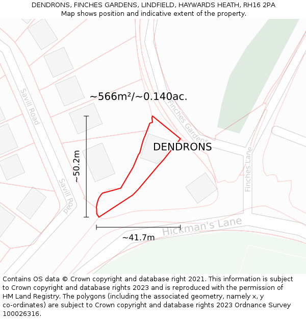 DENDRONS, FINCHES GARDENS, LINDFIELD, HAYWARDS HEATH, RH16 2PA: Plot and title map