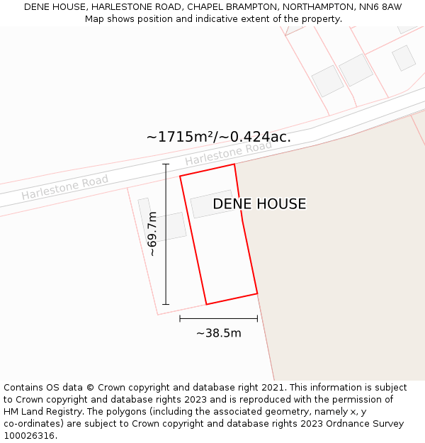 DENE HOUSE, HARLESTONE ROAD, CHAPEL BRAMPTON, NORTHAMPTON, NN6 8AW: Plot and title map