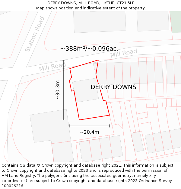 DERRY DOWNS, MILL ROAD, HYTHE, CT21 5LP: Plot and title map