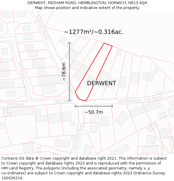 DERWENT, PEDHAM ROAD, HEMBLINGTON, NORWICH, NR13 4QA: Plot and title map