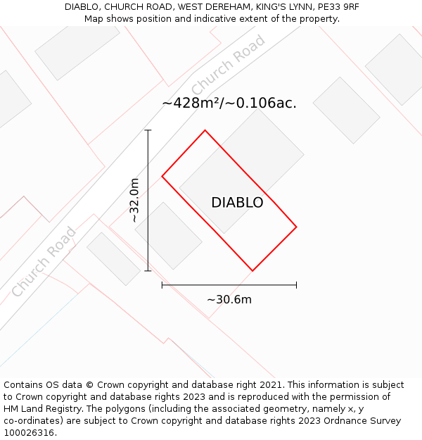 DIABLO, CHURCH ROAD, WEST DEREHAM, KING'S LYNN, PE33 9RF: Plot and title map