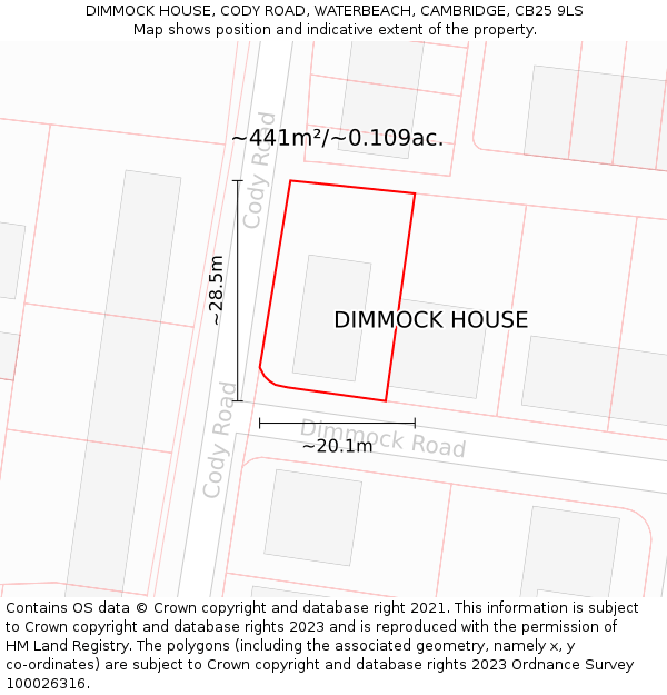 DIMMOCK HOUSE, CODY ROAD, WATERBEACH, CAMBRIDGE, CB25 9LS: Plot and title map