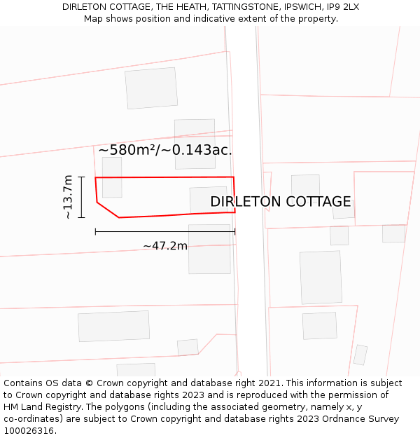 DIRLETON COTTAGE, THE HEATH, TATTINGSTONE, IPSWICH, IP9 2LX: Plot and title map