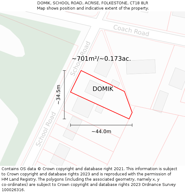 DOMIK, SCHOOL ROAD, ACRISE, FOLKESTONE, CT18 8LR: Plot and title map