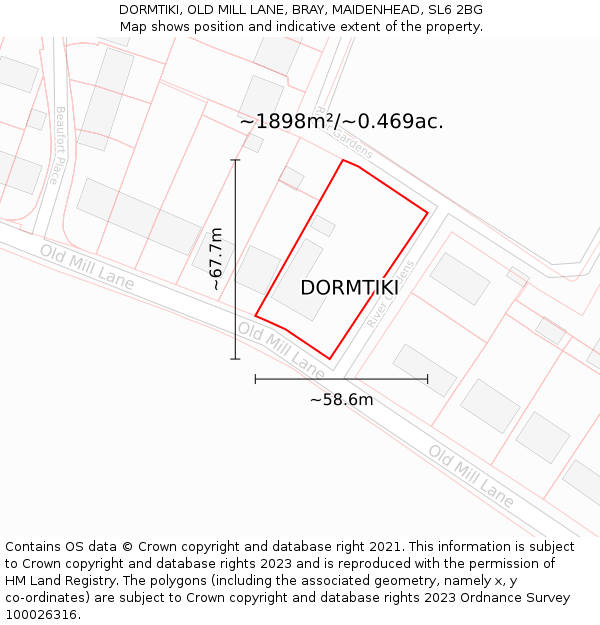 DORMTIKI, OLD MILL LANE, BRAY, MAIDENHEAD, SL6 2BG: Plot and title map