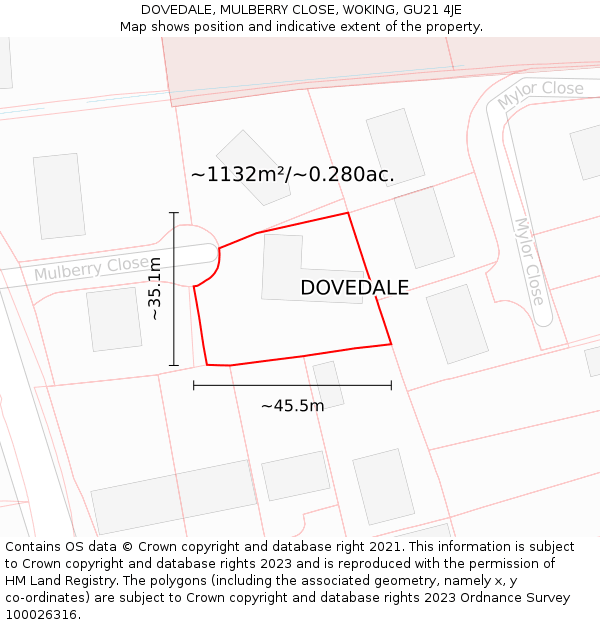 DOVEDALE, MULBERRY CLOSE, WOKING, GU21 4JE: Plot and title map