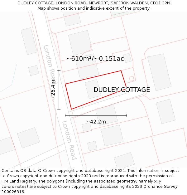 DUDLEY COTTAGE, LONDON ROAD, NEWPORT, SAFFRON WALDEN, CB11 3PN: Plot and title map