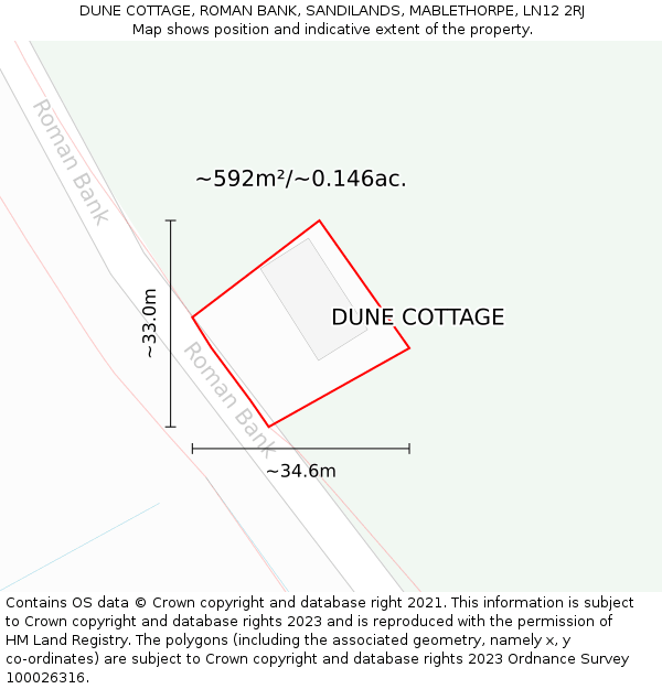 DUNE COTTAGE, ROMAN BANK, SANDILANDS, MABLETHORPE, LN12 2RJ: Plot and title map