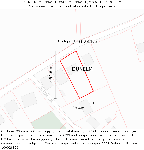 DUNELM, CRESSWELL ROAD, CRESSWELL, MORPETH, NE61 5HX: Plot and title map