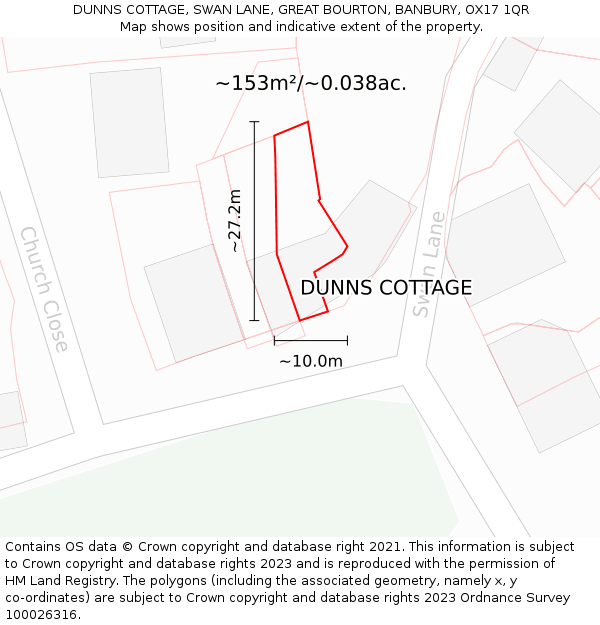 DUNNS COTTAGE, SWAN LANE, GREAT BOURTON, BANBURY, OX17 1QR: Plot and title map