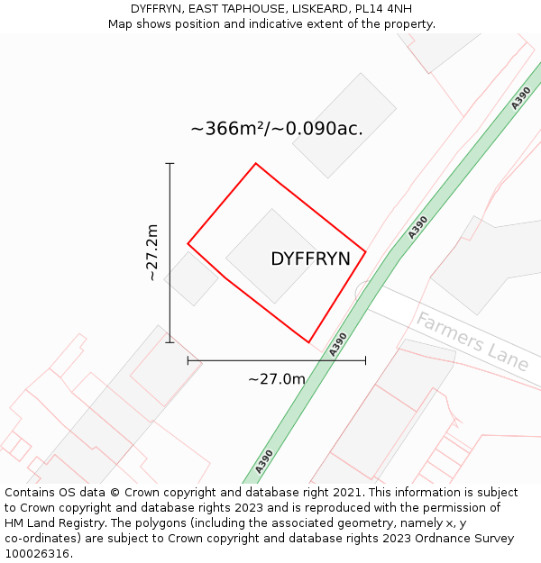 DYFFRYN, EAST TAPHOUSE, LISKEARD, PL14 4NH: Plot and title map