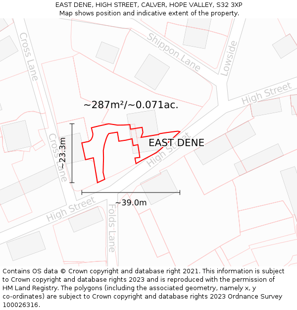 EAST DENE, HIGH STREET, CALVER, HOPE VALLEY, S32 3XP: Plot and title map