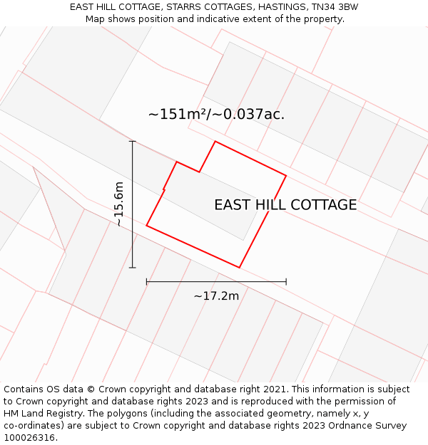 EAST HILL COTTAGE, STARRS COTTAGES, HASTINGS, TN34 3BW: Plot and title map