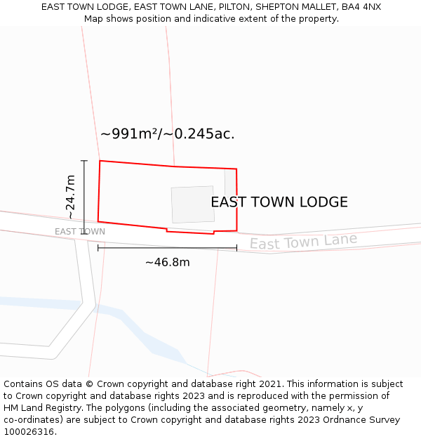 EAST TOWN LODGE, EAST TOWN LANE, PILTON, SHEPTON MALLET, BA4 4NX: Plot and title map