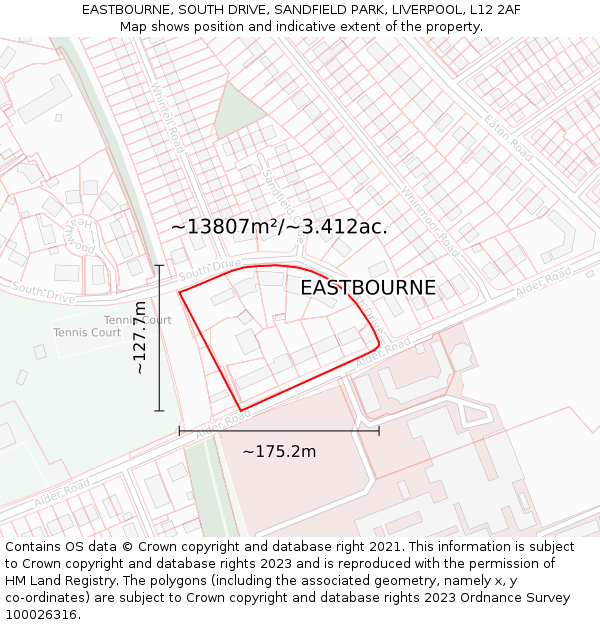 EASTBOURNE, SOUTH DRIVE, SANDFIELD PARK, LIVERPOOL, L12 2AF: Plot and title map