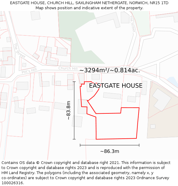 EASTGATE HOUSE, CHURCH HILL, SAXLINGHAM NETHERGATE, NORWICH, NR15 1TD: Plot and title map