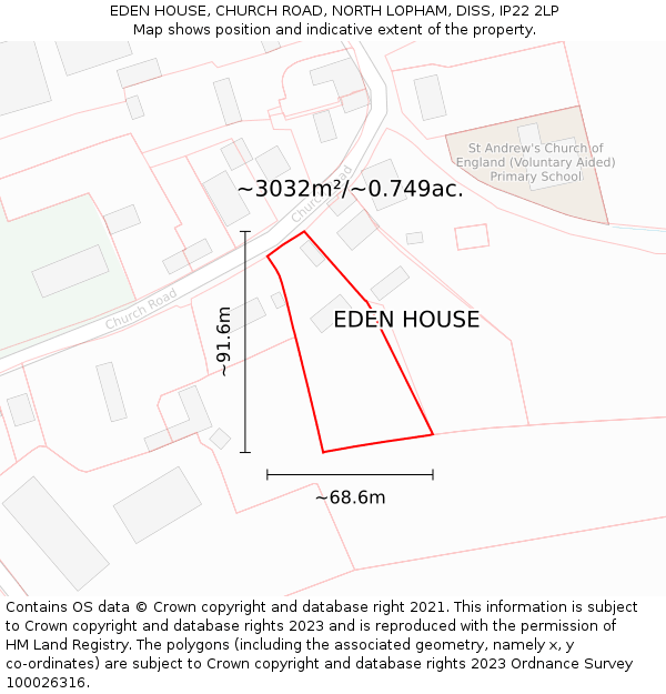 EDEN HOUSE, CHURCH ROAD, NORTH LOPHAM, DISS, IP22 2LP: Plot and title map