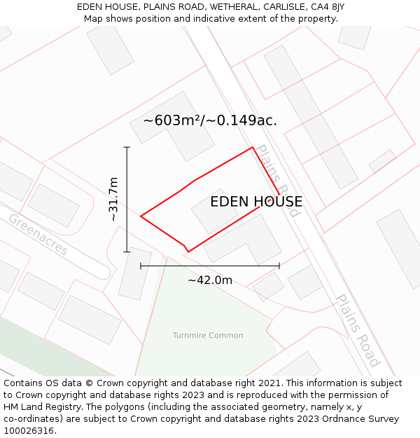 EDEN HOUSE, PLAINS ROAD, WETHERAL, CARLISLE, CA4 8JY: Plot and title map