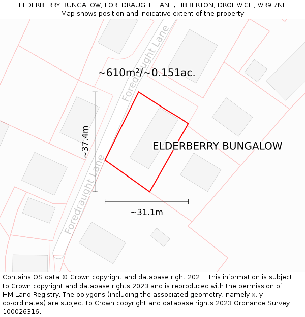 ELDERBERRY BUNGALOW, FOREDRAUGHT LANE, TIBBERTON, DROITWICH, WR9 7NH: Plot and title map