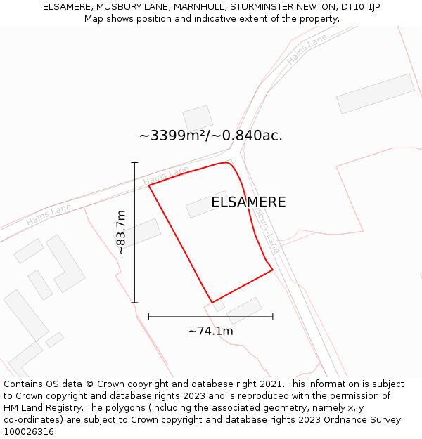 ELSAMERE, MUSBURY LANE, MARNHULL, STURMINSTER NEWTON, DT10 1JP: Plot and title map