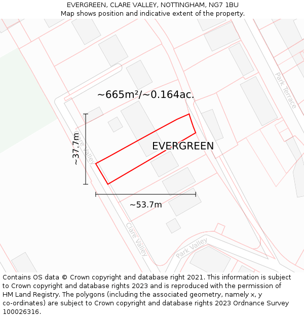 EVERGREEN, CLARE VALLEY, NOTTINGHAM, NG7 1BU: Plot and title map