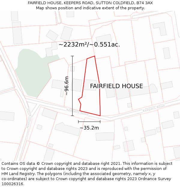 FAIRFIELD HOUSE, KEEPERS ROAD, SUTTON COLDFIELD, B74 3AX: Plot and title map