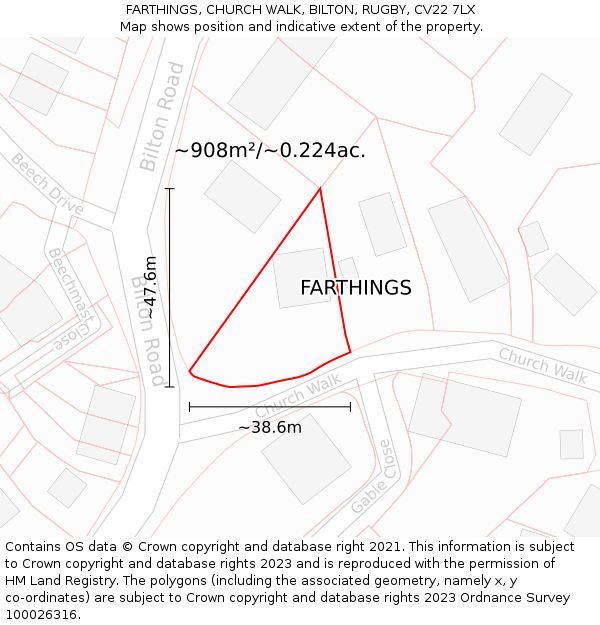 FARTHINGS, CHURCH WALK, BILTON, RUGBY, CV22 7LX: Plot and title map