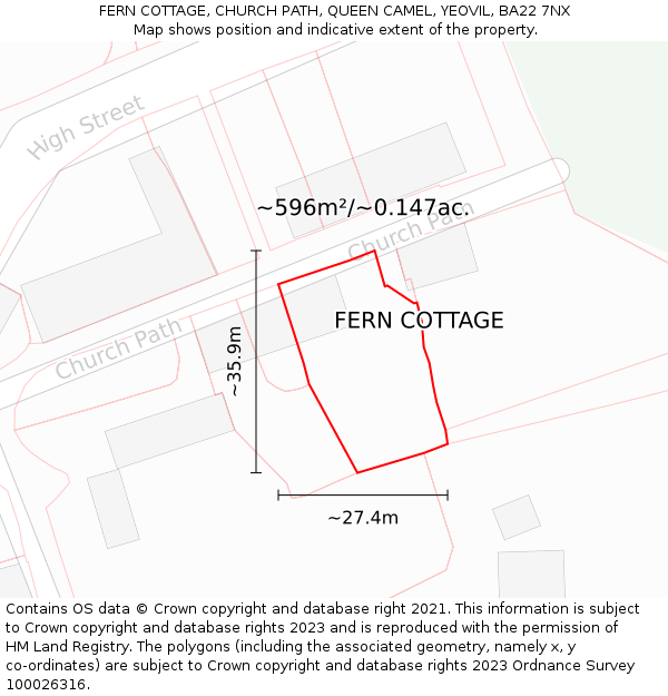 FERN COTTAGE, CHURCH PATH, QUEEN CAMEL, YEOVIL, BA22 7NX: Plot and title map