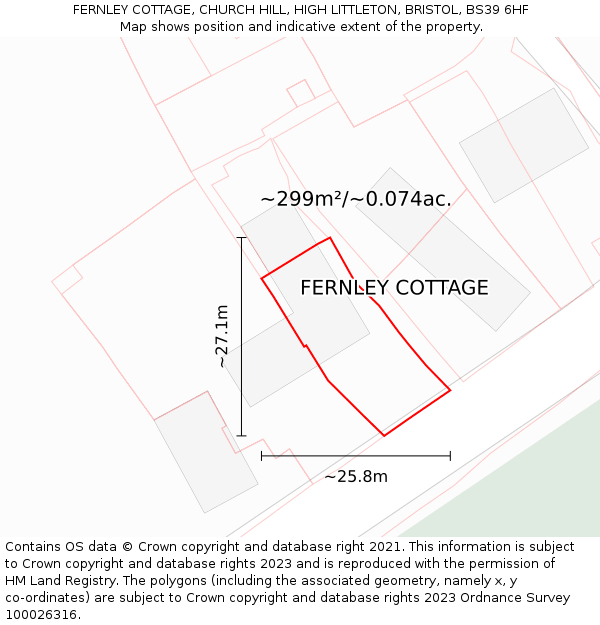 FERNLEY COTTAGE, CHURCH HILL, HIGH LITTLETON, BRISTOL, BS39 6HF: Plot and title map