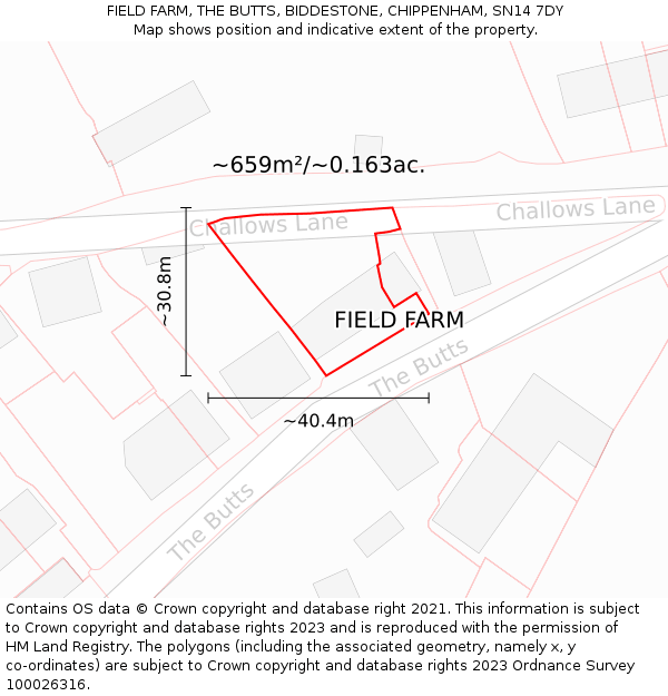 FIELD FARM, THE BUTTS, BIDDESTONE, CHIPPENHAM, SN14 7DY: Plot and title map