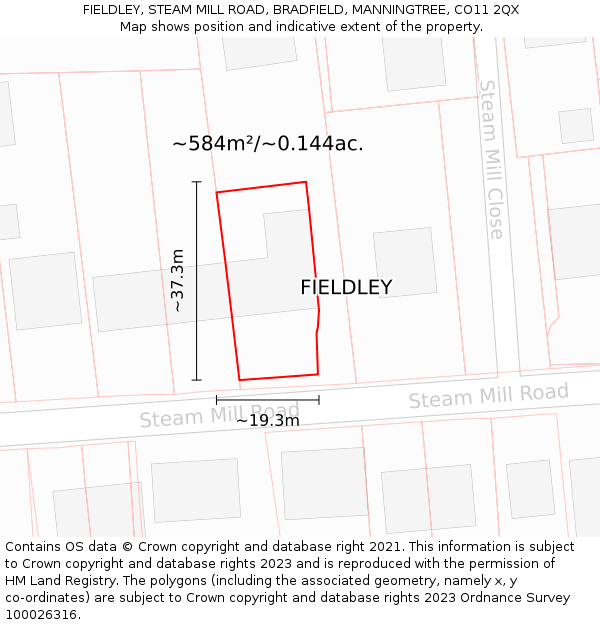 FIELDLEY, STEAM MILL ROAD, BRADFIELD, MANNINGTREE, CO11 2QX: Plot and title map