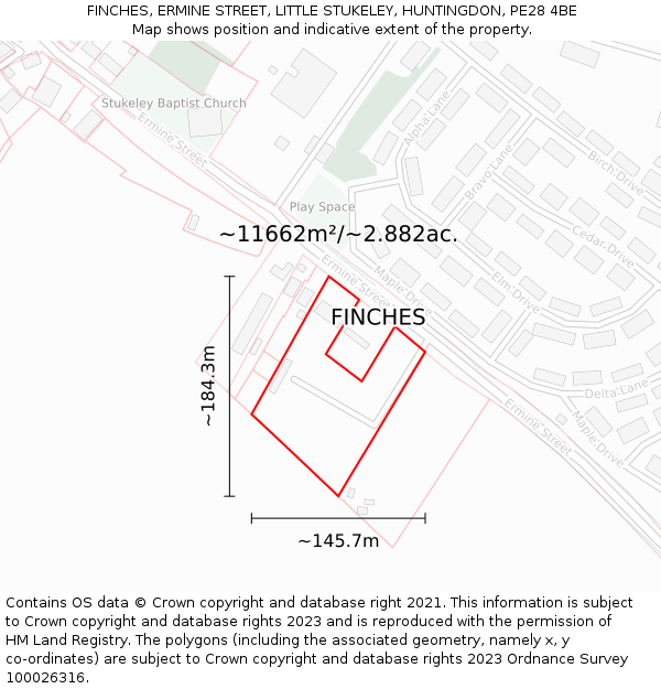 FINCHES, ERMINE STREET, LITTLE STUKELEY, HUNTINGDON, PE28 4BE: Plot and title map