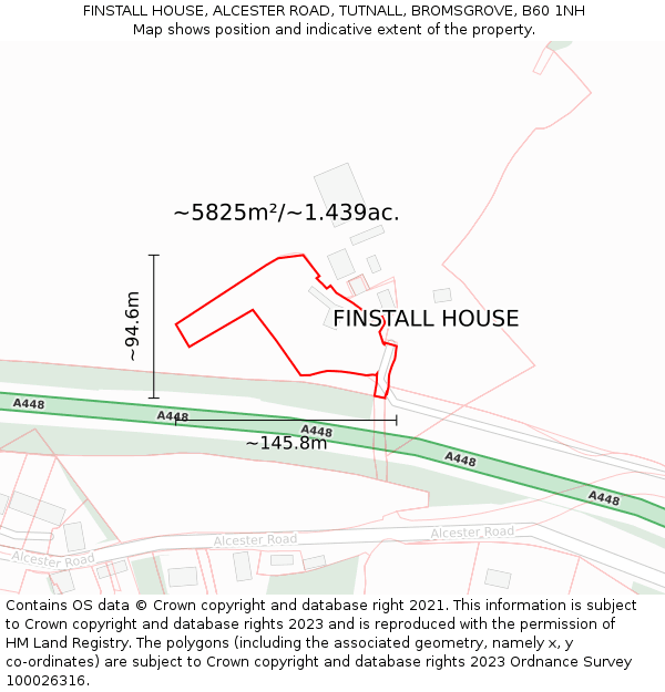 FINSTALL HOUSE, ALCESTER ROAD, TUTNALL, BROMSGROVE, B60 1NH: Plot and title map