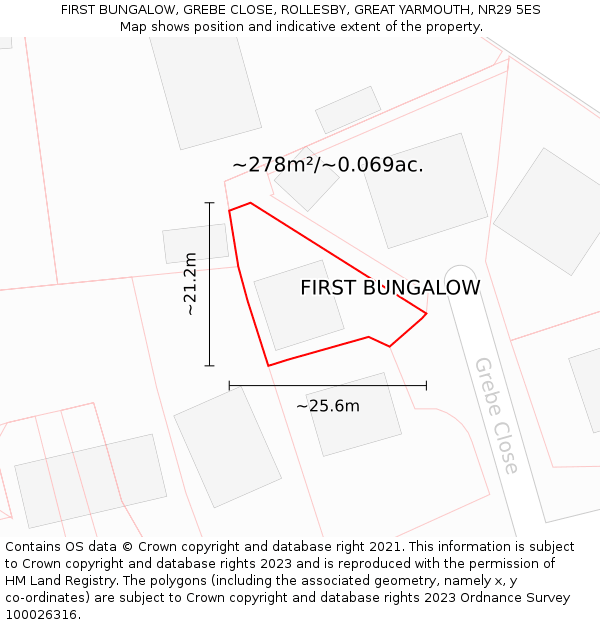 FIRST BUNGALOW, GREBE CLOSE, ROLLESBY, GREAT YARMOUTH, NR29 5ES: Plot and title map