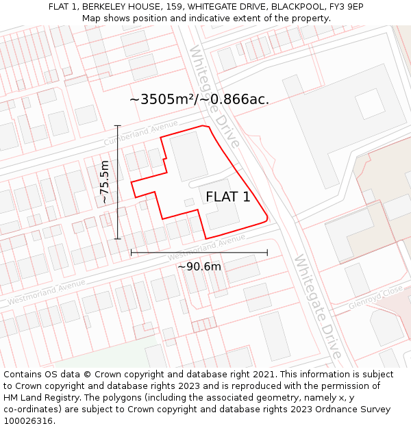 FLAT 1, BERKELEY HOUSE, 159, WHITEGATE DRIVE, BLACKPOOL, FY3 9EP: Plot and title map