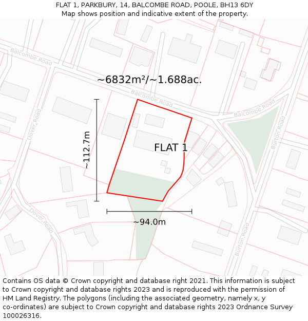 FLAT 1, PARKBURY, 14, BALCOMBE ROAD, POOLE, BH13 6DY: Plot and title map