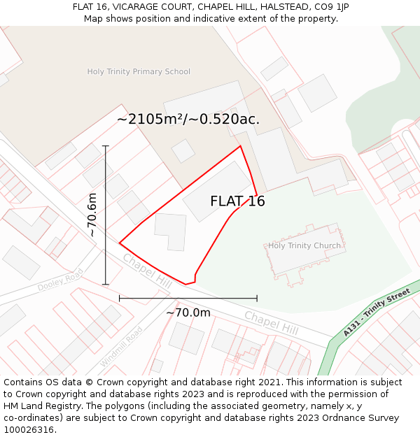 FLAT 16, VICARAGE COURT, CHAPEL HILL, HALSTEAD, CO9 1JP: Plot and title map