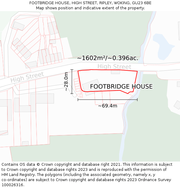 FOOTBRIDGE HOUSE, HIGH STREET, RIPLEY, WOKING, GU23 6BE: Plot and title map