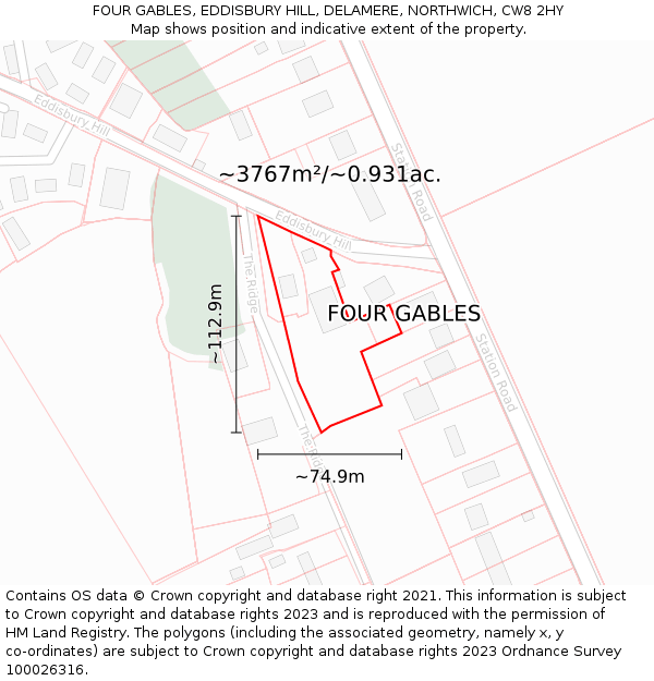 FOUR GABLES, EDDISBURY HILL, DELAMERE, NORTHWICH, CW8 2HY: Plot and title map